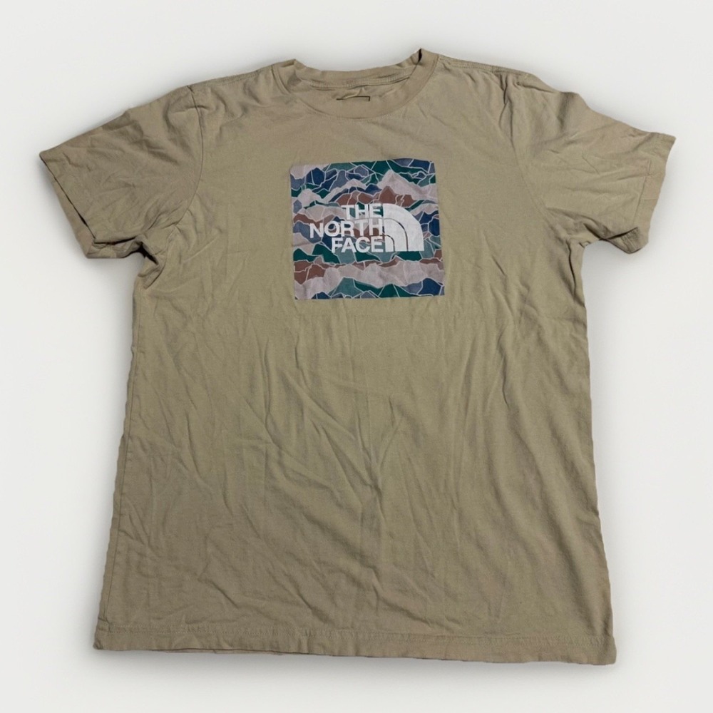 The North Face Mens Tee Khaki Tan Camo Box‎ Logo Large TNF